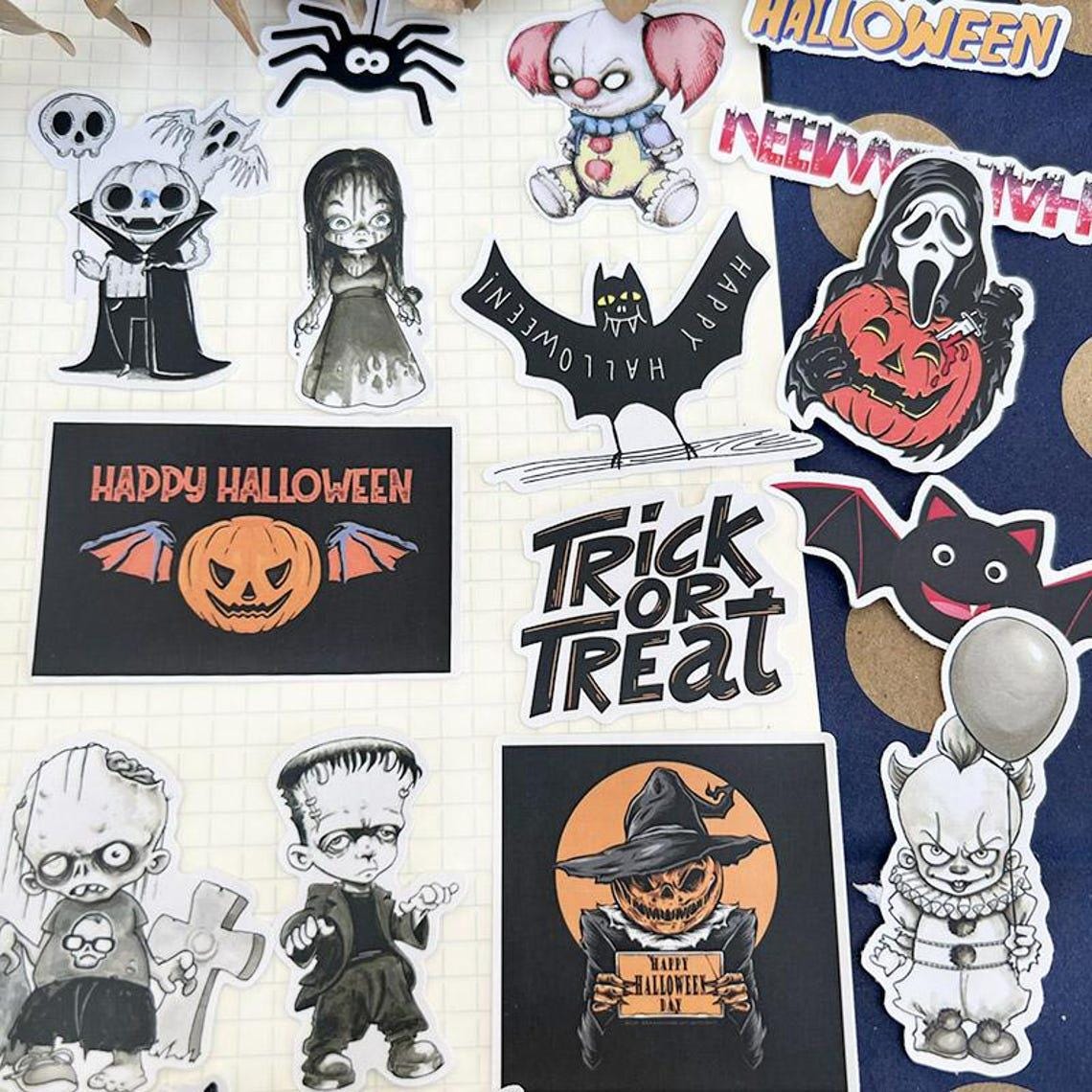 Vintage Halloween Stickers, Gothic Occult Decals, Spooky Ghost Bat Moon Art for Planners